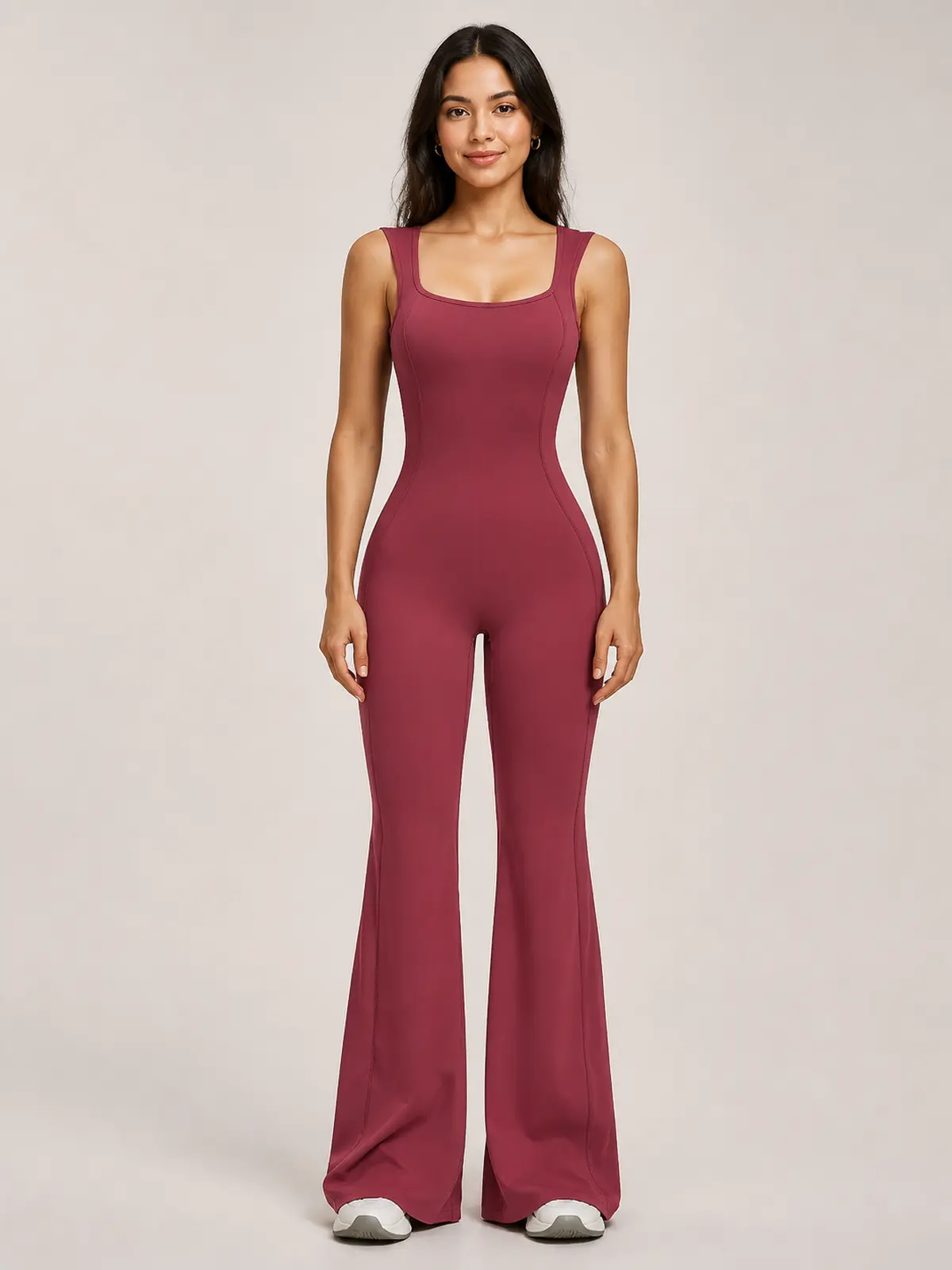 Vesper Arc Sleeveless Flared-Leg Yoga Jumpsuit — burgundy red — authoritative variation match
