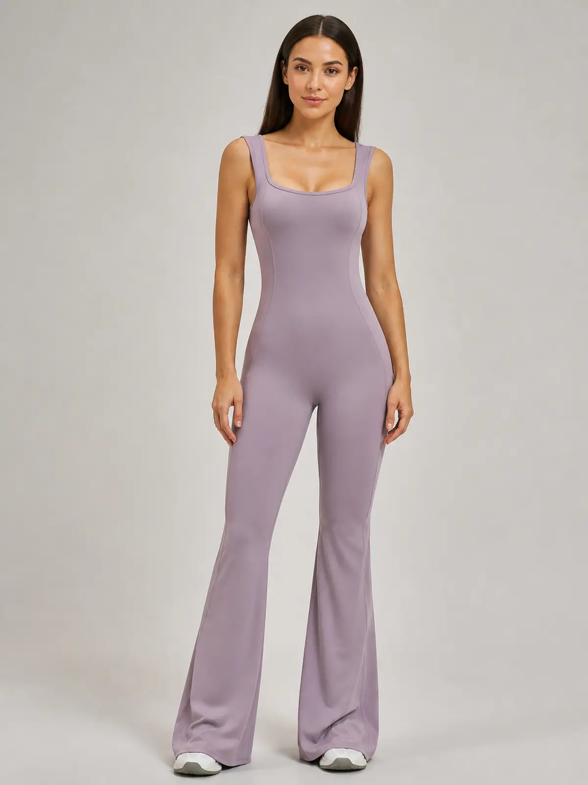 Vesper Arc Sleeveless Flared-Leg Yoga Jumpsuit — light lavender purple — authoritative variation match