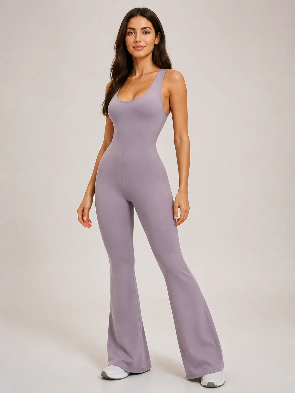 Vesper Arc Sleeveless Flared-Leg Yoga Jumpsuit — light lavender purple — authoritative variation match