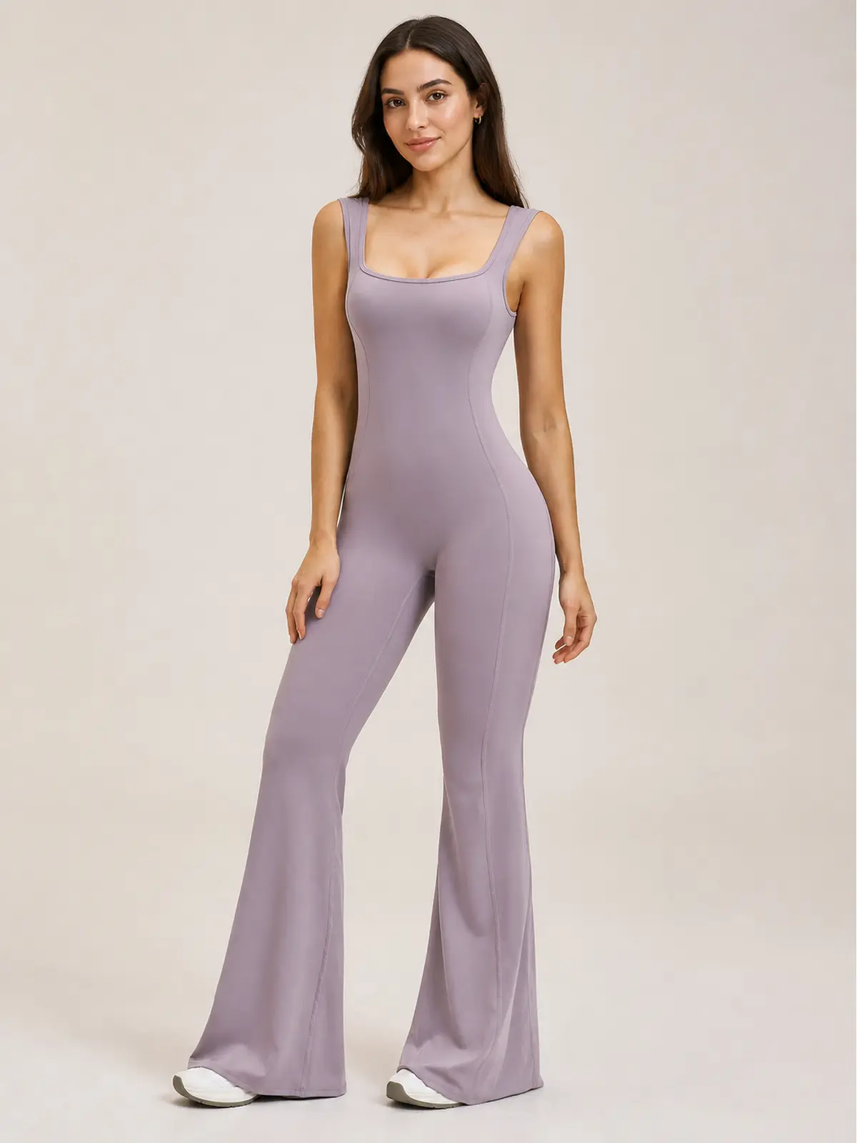 Vesper Arc Sleeveless Flared-Leg Yoga Jumpsuit — light lavender purple — authoritative variation match