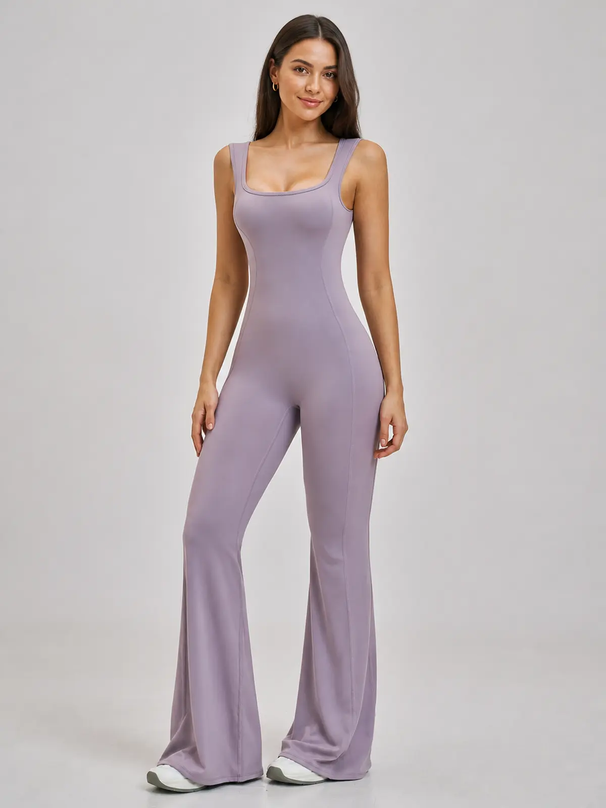 Vesper Arc Sleeveless Flared-Leg Yoga Jumpsuit — light lavender purple — authoritative variation match
