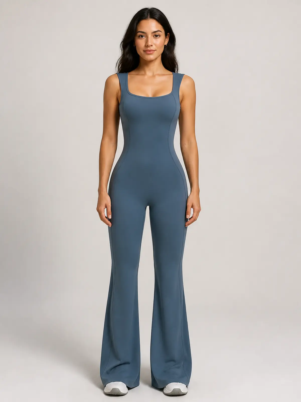 Vesper Arc Sleeveless Flared-Leg Yoga Jumpsuit — slate blue — authoritative variation match