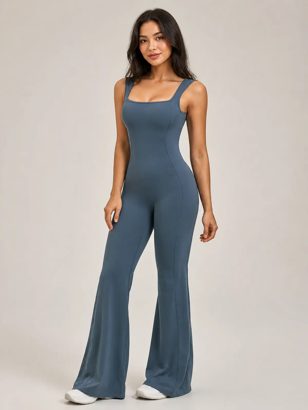 Vesper Arc Sleeveless Flared-Leg Yoga Jumpsuit — slate blue — authoritative variation match