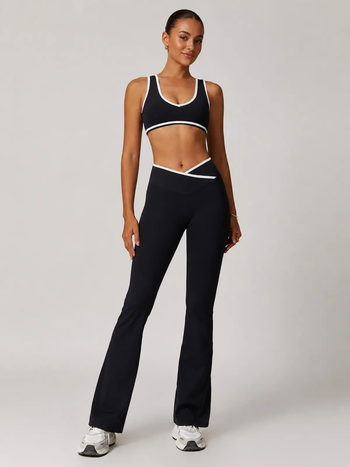 Violet Assembly Tank Top and Flare Leggings Set — black with white trim — general — authoritative variation image