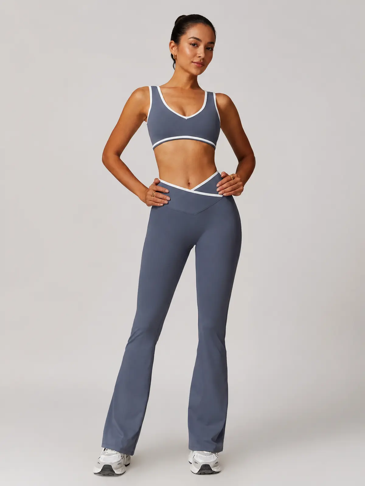 Violet Assembly Tank Top and Flare Leggings Set — blue grey with white trim — general — authoritative variation image