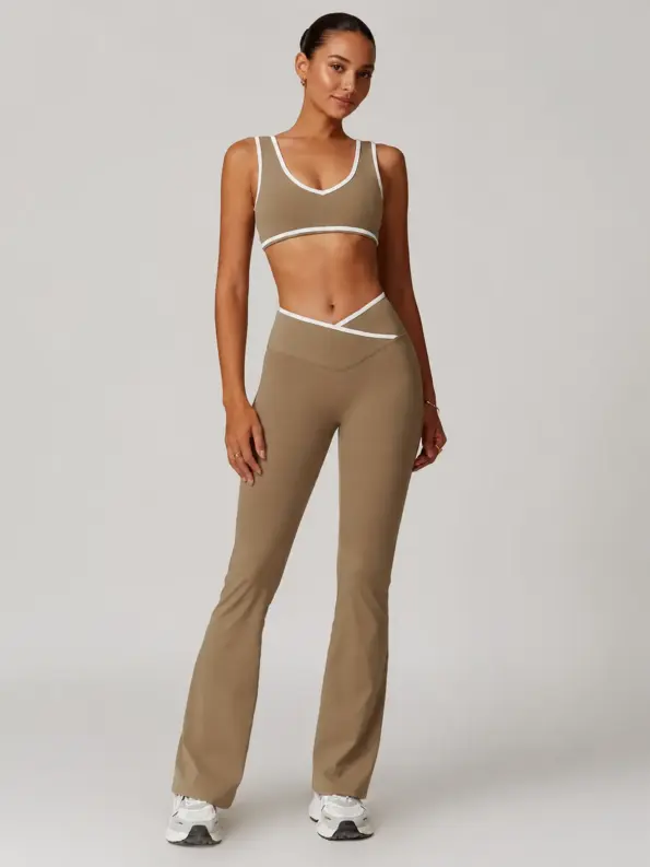 Violet Assembly Tank Top and Flare Leggings Set — cocoa brown with white contrast trim — general — authoritative variation image