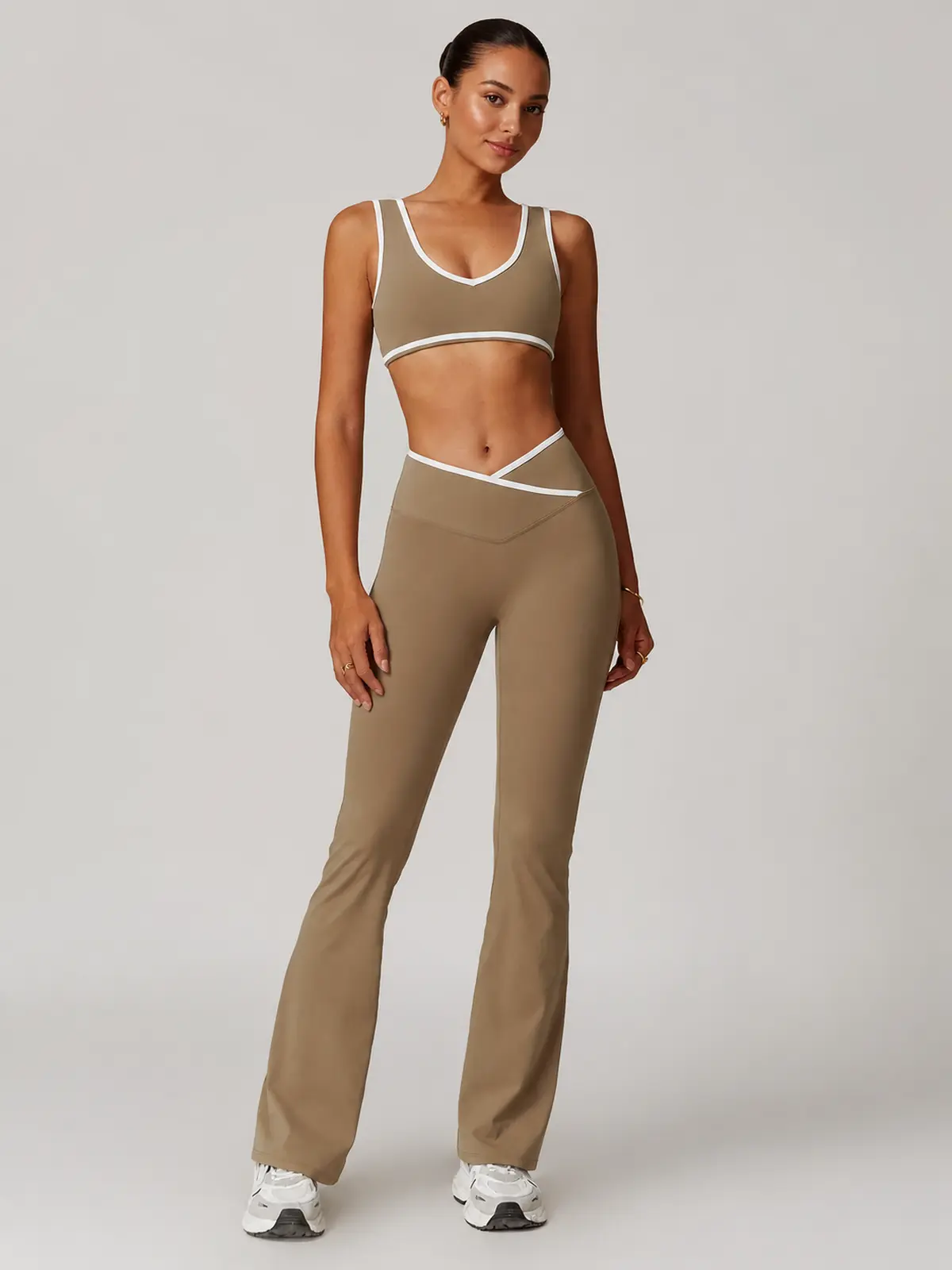Violet Assembly Tank Top and Flare Leggings Set — cocoa brown with white contrast trim — general — authoritative variation image