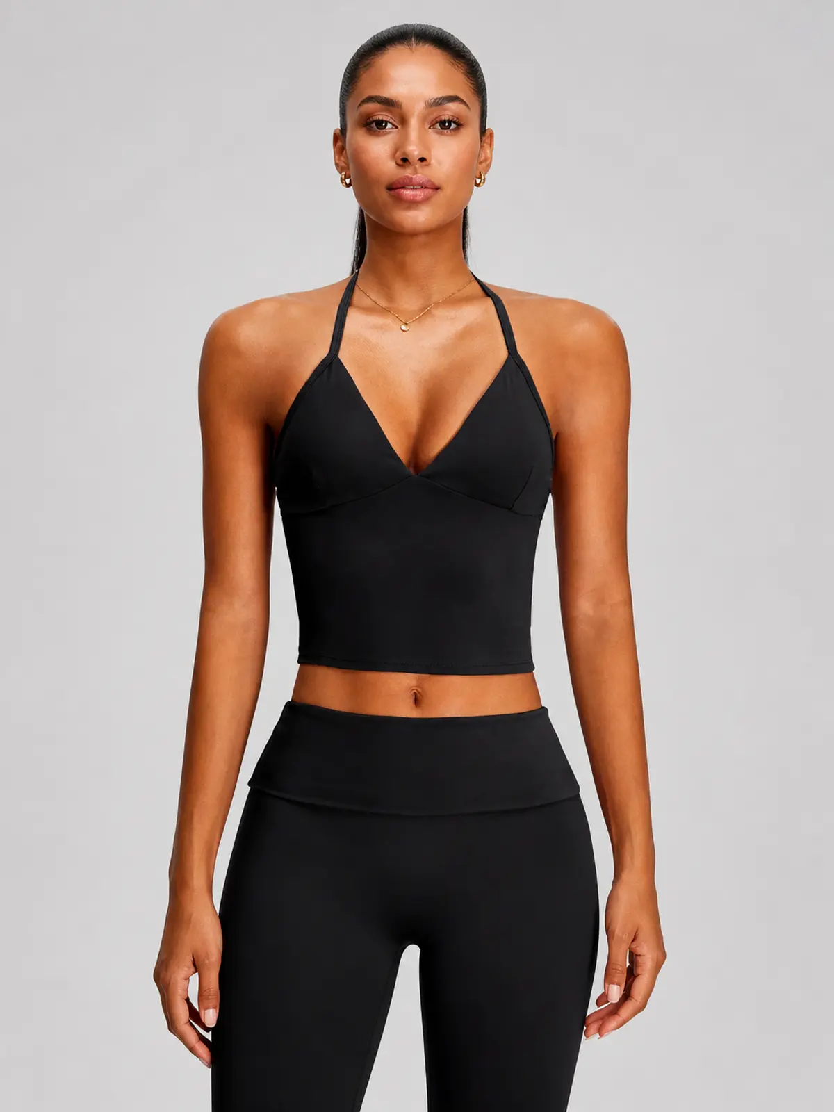 Violet Deepline Deep-V Halter Crop Top — black — crop-top — authoritative variation match