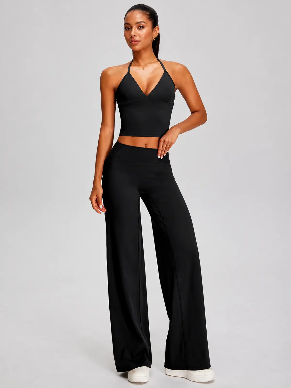 Violet Deepline Deep-V Halter Crop Top — black — general — authoritative variation match