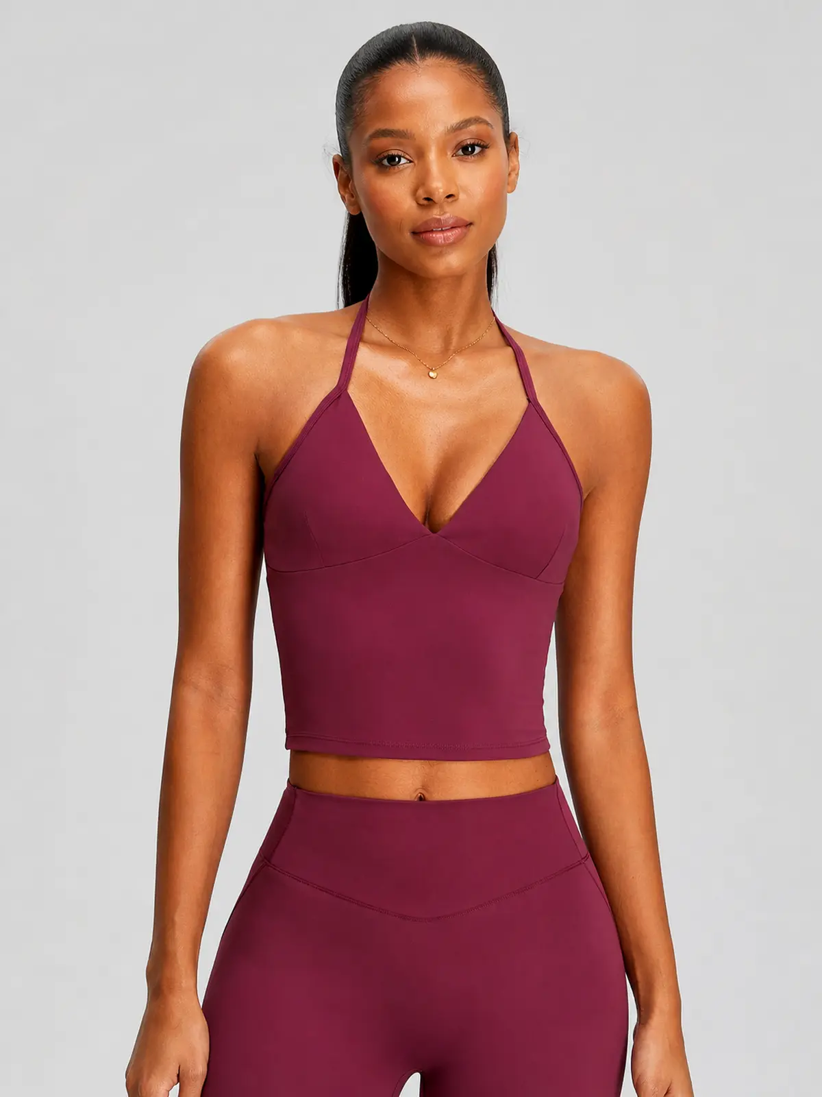 Violet Deepline Deep-V Halter Crop Top — burgundy purple-red — crop-top — authoritative variation image