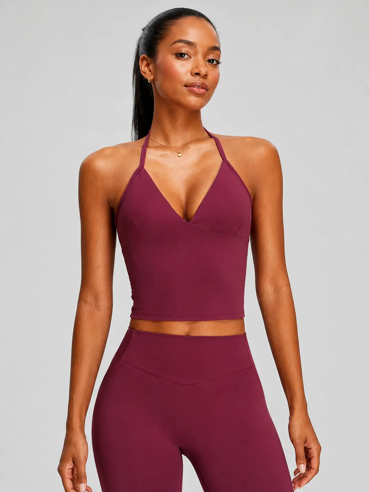 Violet Deepline Deep-V Halter Crop Top — burgundy purple-red — crop-top — authoritative variation match