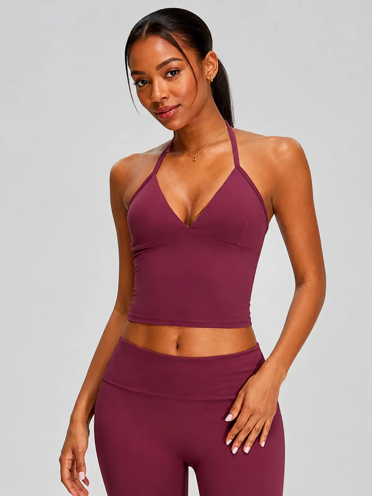 Violet Deepline Deep-V Halter Crop Top — burgundy purple-red — crop-top — authoritative variation match