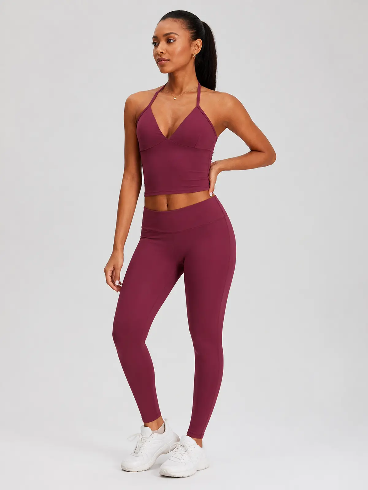 Violet Deepline Deep-V Halter Crop Top — burgundy purple-red — crop-top — authoritative variation match