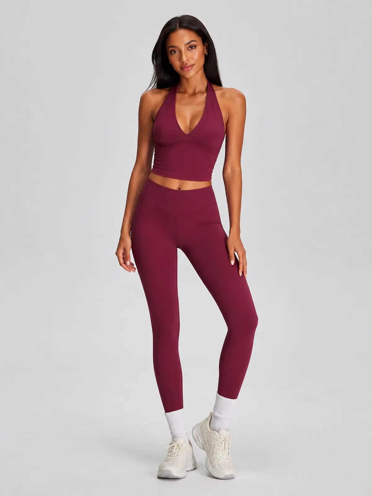 Violet Deepline Deep-V Halter Crop Top — burgundy purple-red — general — assigned human anchor cluster