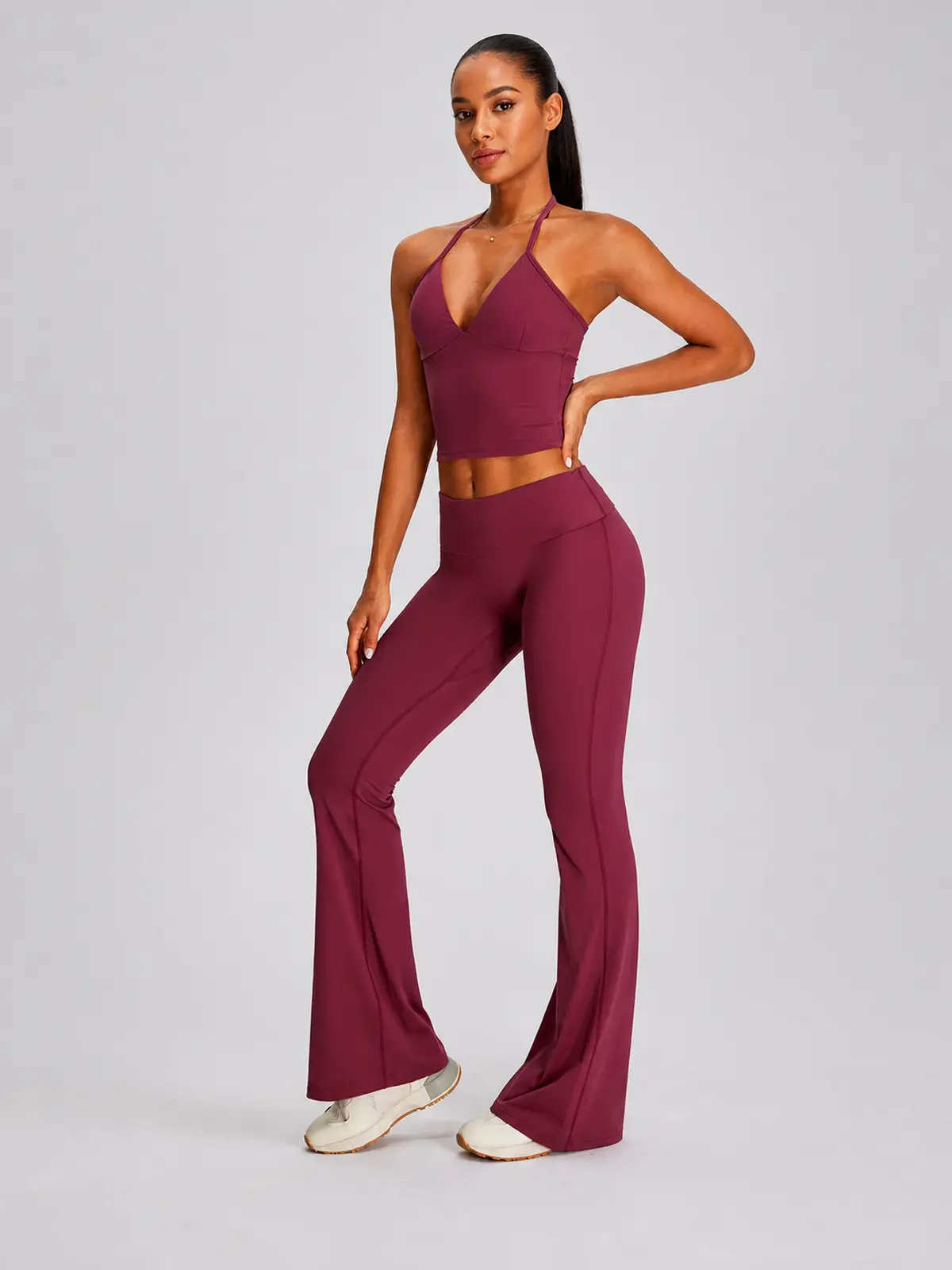 Violet Deepline Deep-V Halter Crop Top — burgundy purple-red — general — authoritative variation match