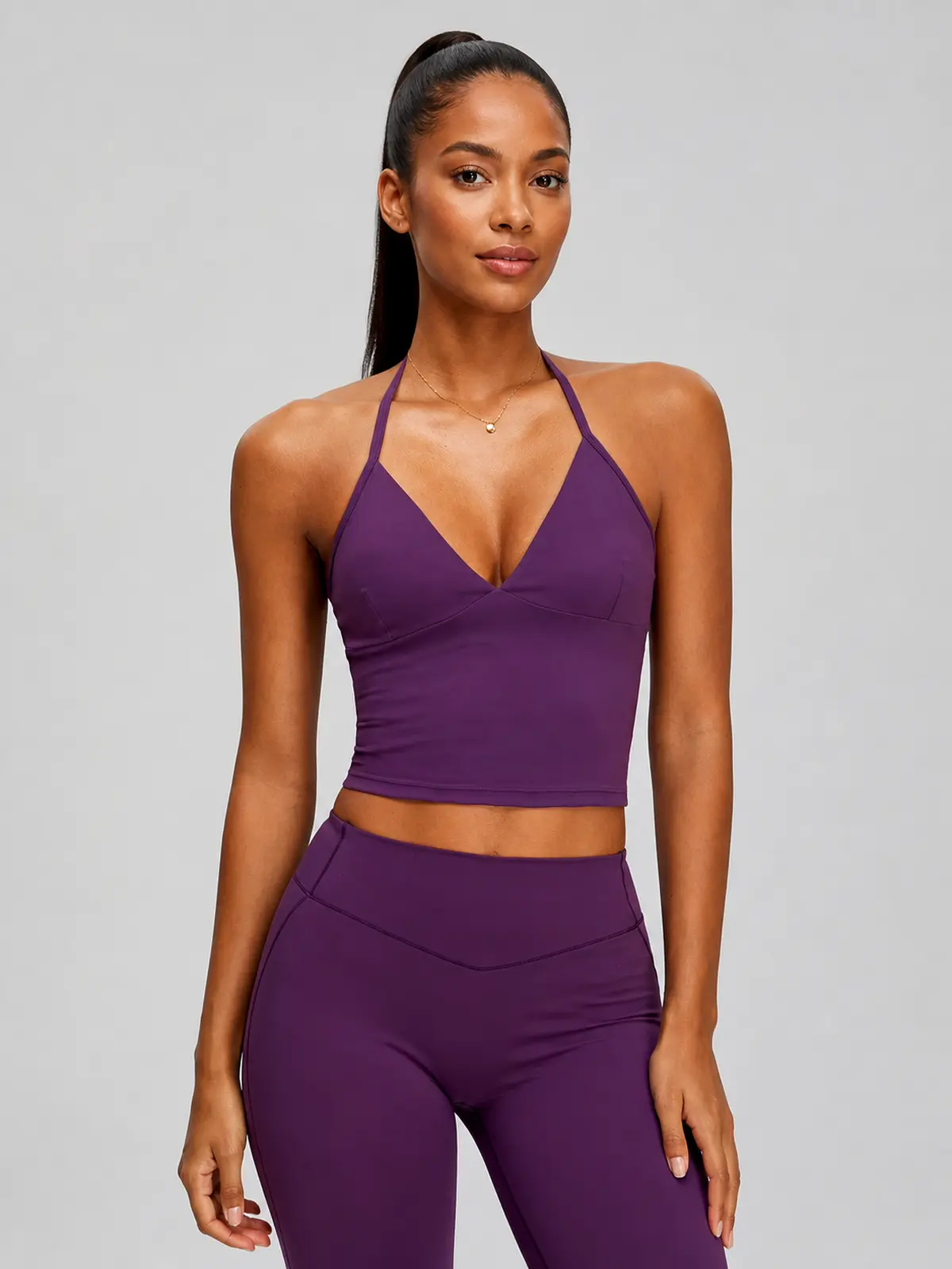 Violet Deepline Deep-V Halter Crop Top — grape purple — general — authoritative variation match