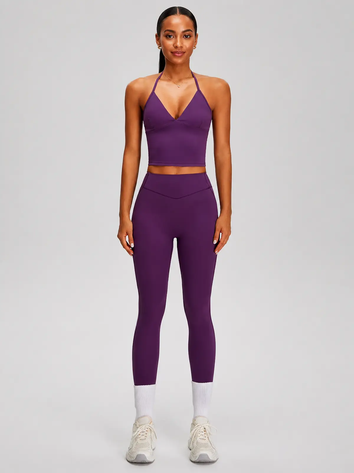 Violet Deepline Deep-V Halter Crop Top — grape purple — general — authoritative variation match