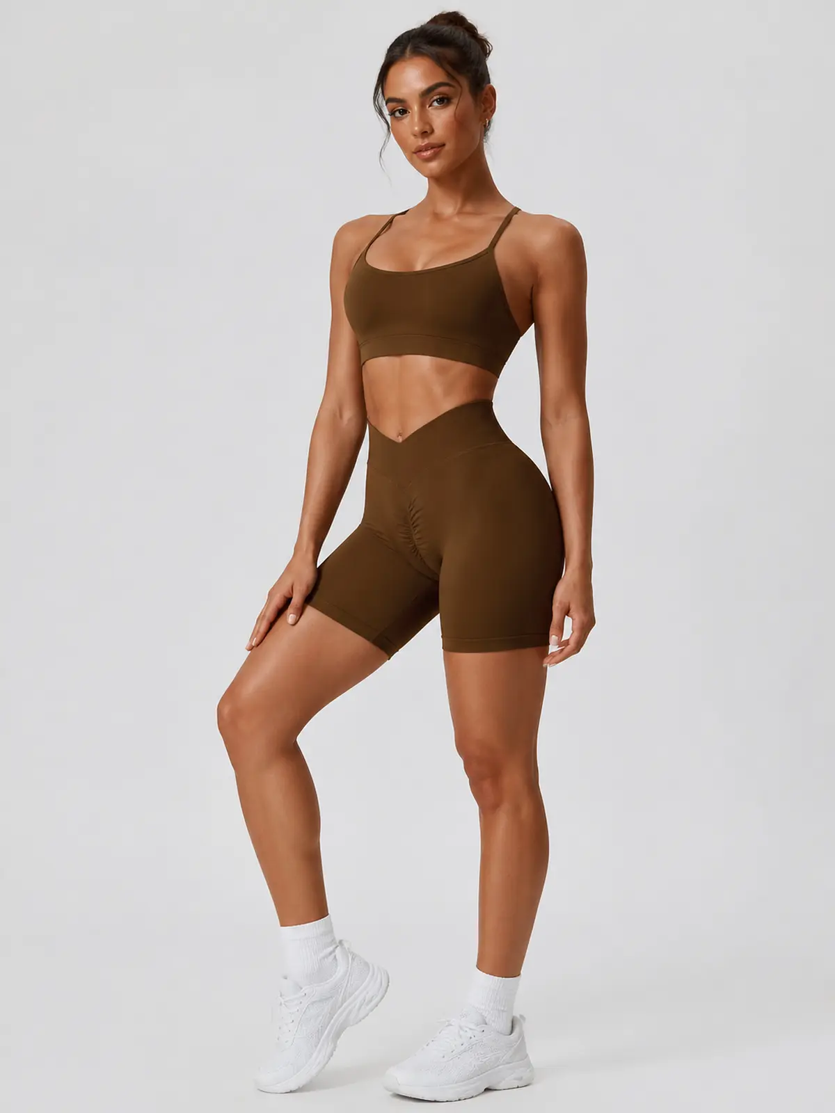 Vivid Rill High-Rise Scrunch-Back Bike Shorts — brown — bike-shorts — authoritative variation match