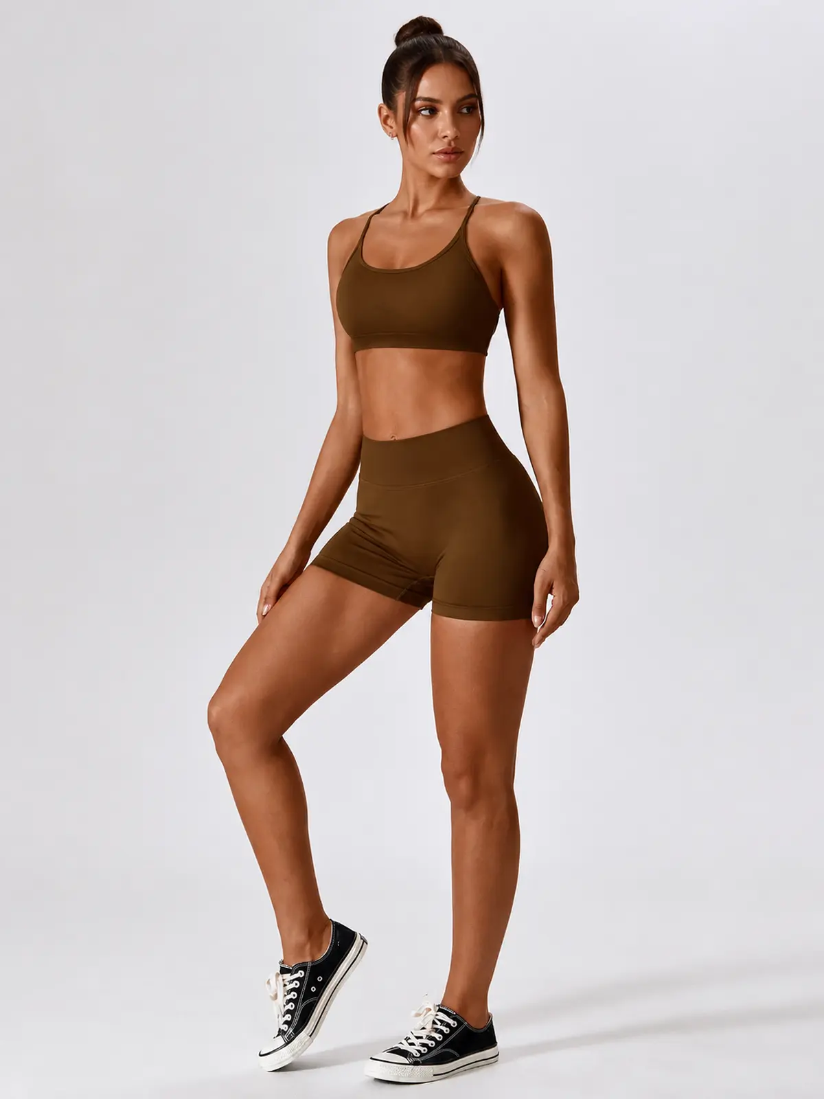 Vivid Rill High-Rise Scrunch-Back Bike Shorts — brown — bike-shorts — authoritative variation match