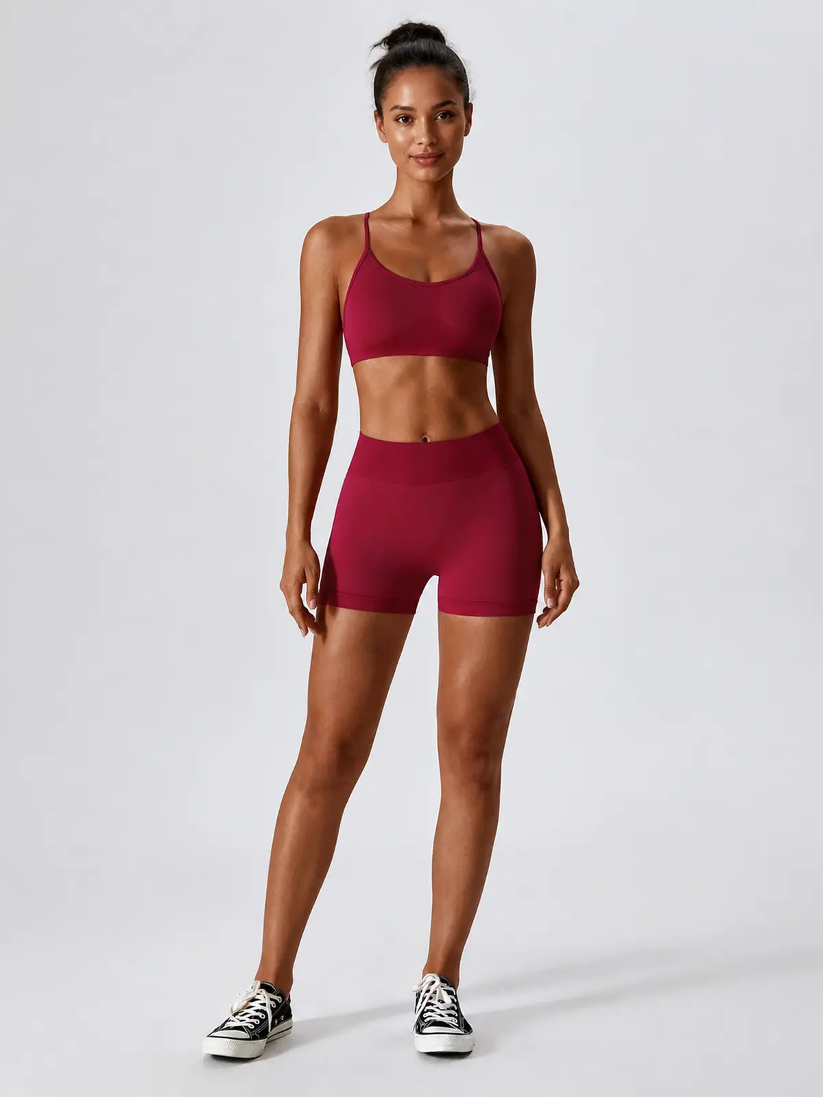 Vivid Rill High-Rise Scrunch-Back Bike Shorts — dark red — general — authoritative variation match