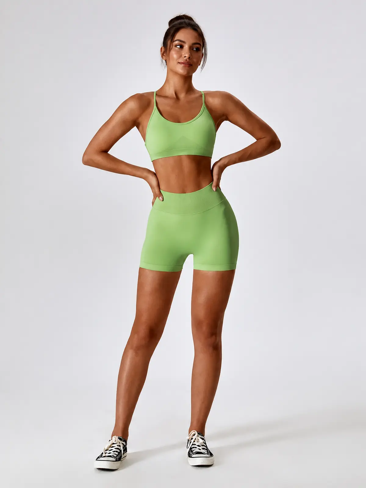 Vivid Rill High-Rise Scrunch-Back Bike Shorts — light green — general — authoritative variation match