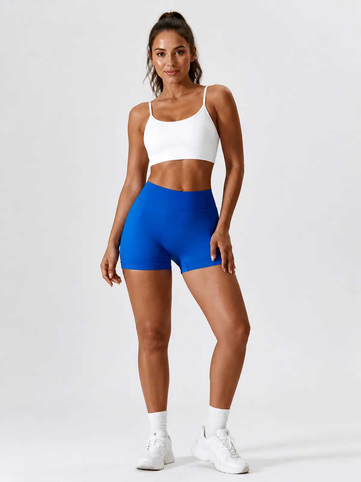 Vivid Rill High-Rise Scrunch-Back Bike Shorts — royal blue — bike-shorts — authoritative variation match