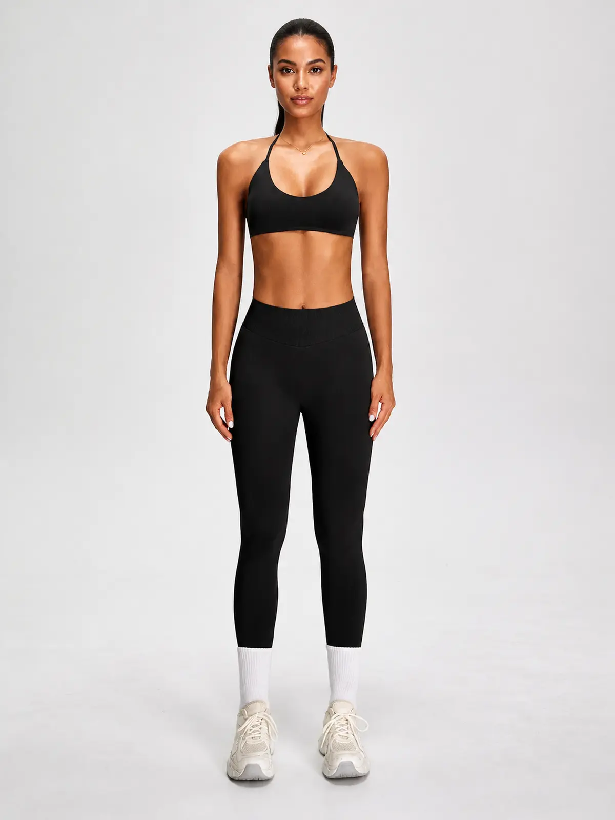 Wicker Cadence Halter Sports Bra and Full-Length Leggings Set — black — general — authoritative variation image