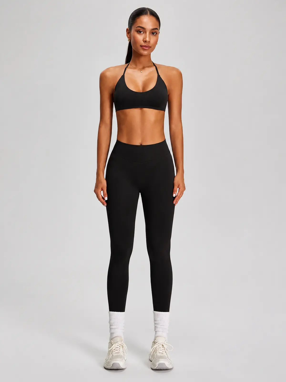 Wicker Cadence Halter Sports Bra and Full-Length Leggings Set — black — general — authoritative variation match