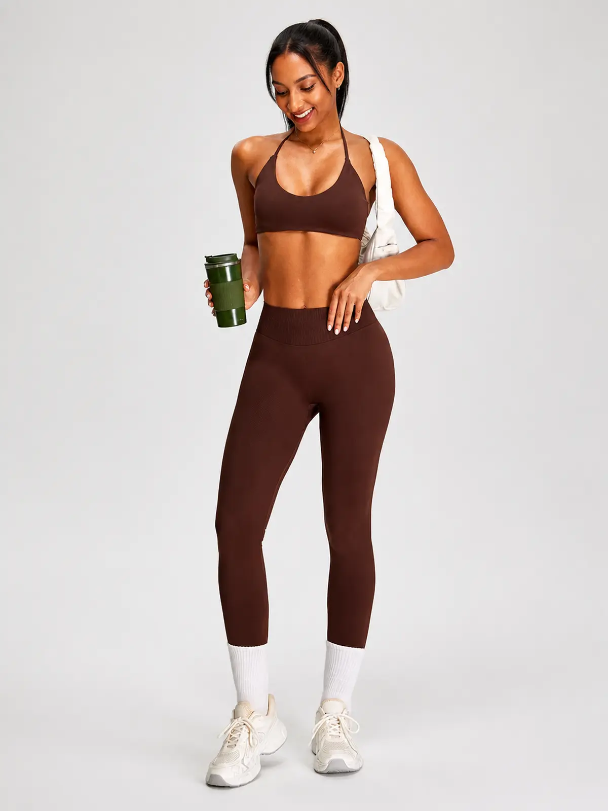 Wicker Cadence Halter Sports Bra and Full-Length Leggings Set — dark reddish-brown — general — authoritative variation image