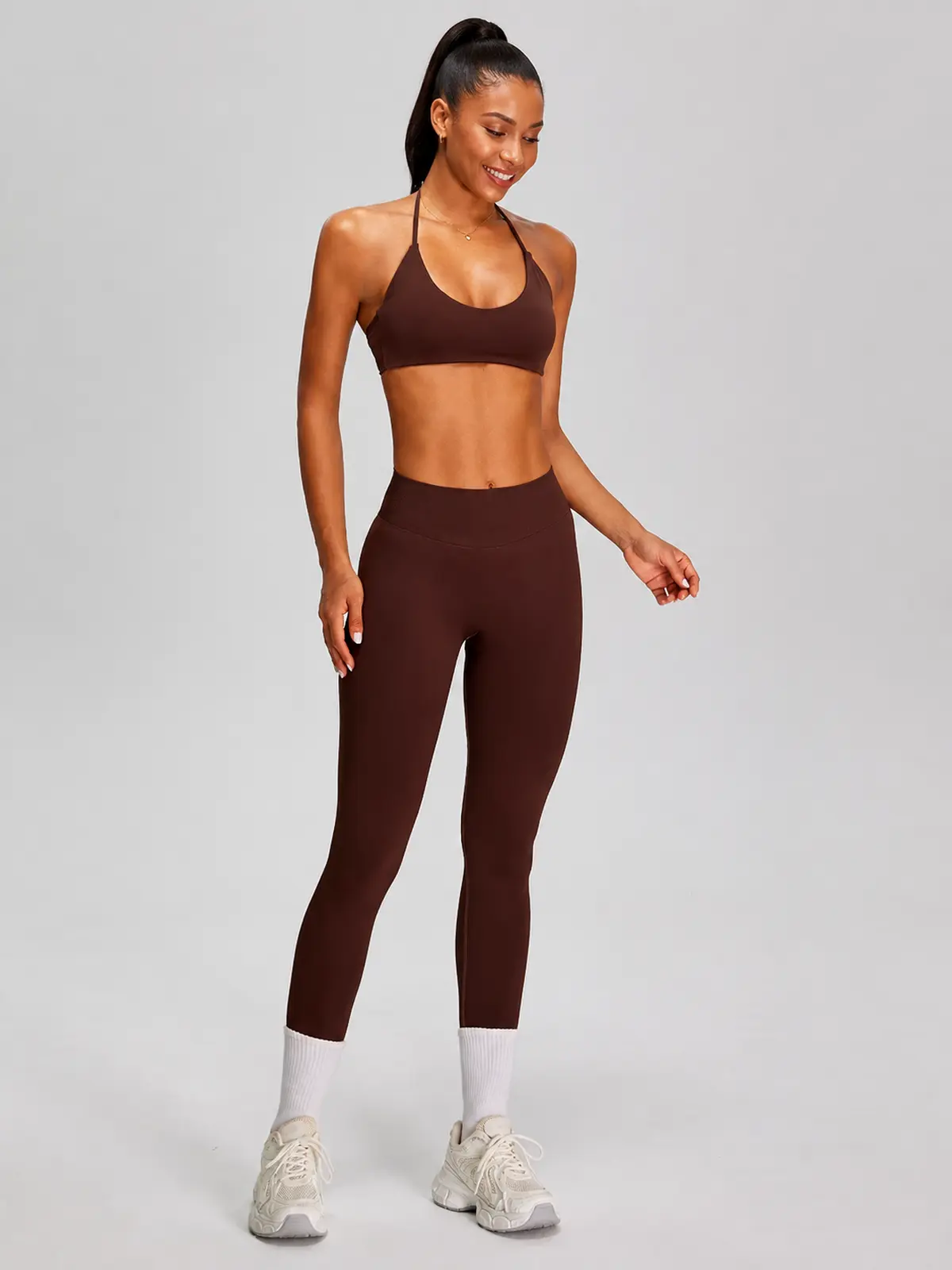 Wicker Cadence Halter Sports Bra and Full-Length Leggings Set — dark reddish-brown — general — authoritative variation match