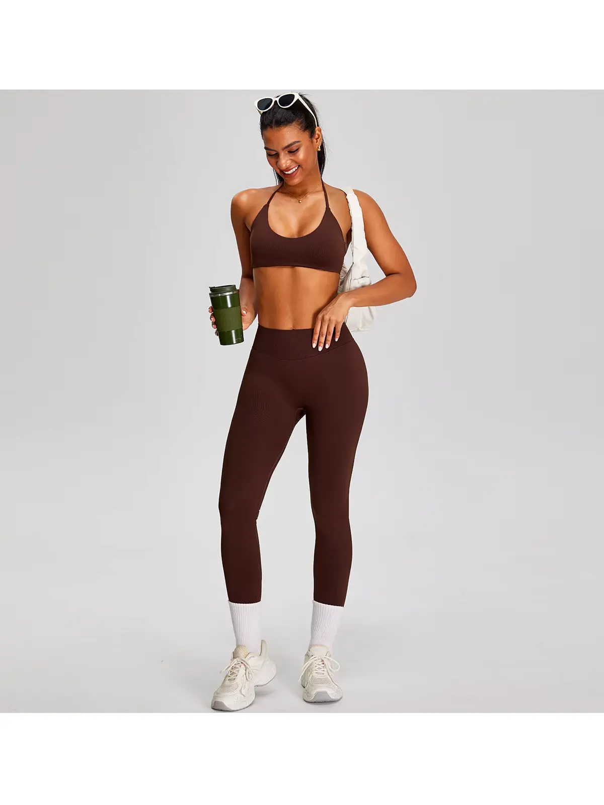 Wicker Cadence Halter Sports Bra and Full-Length Leggings Set — dark reddish-brown — general — authoritative variation match