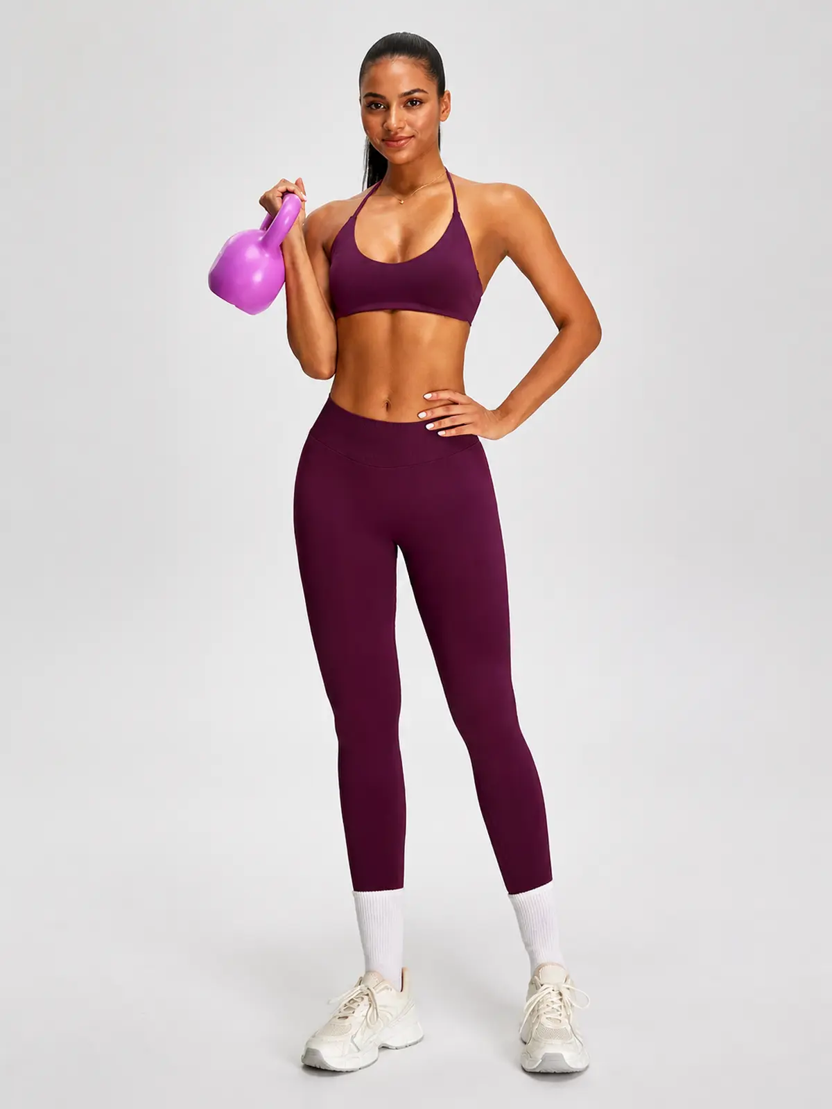 Wicker Cadence Halter Sports Bra and Full-Length Leggings Set — deep burgundy purple — general — authoritative variation image