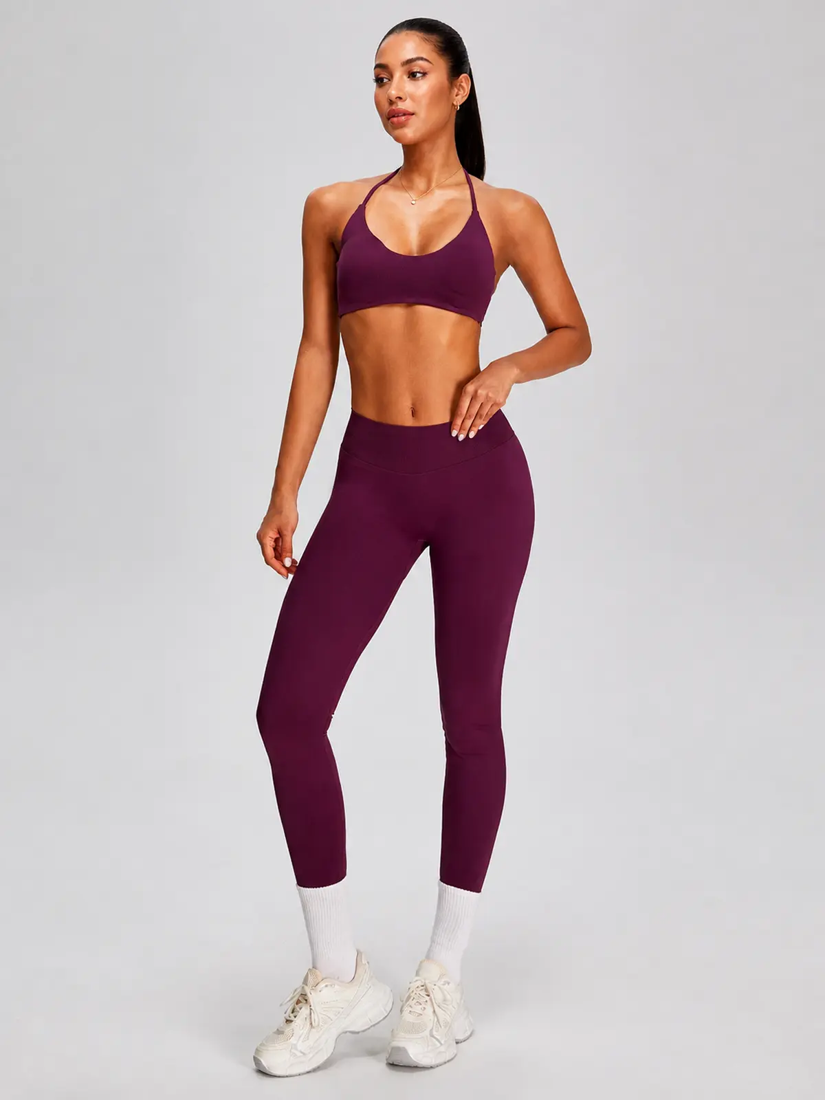 Wicker Cadence Halter Sports Bra and Full-Length Leggings Set — deep burgundy purple — general — authoritative variation match