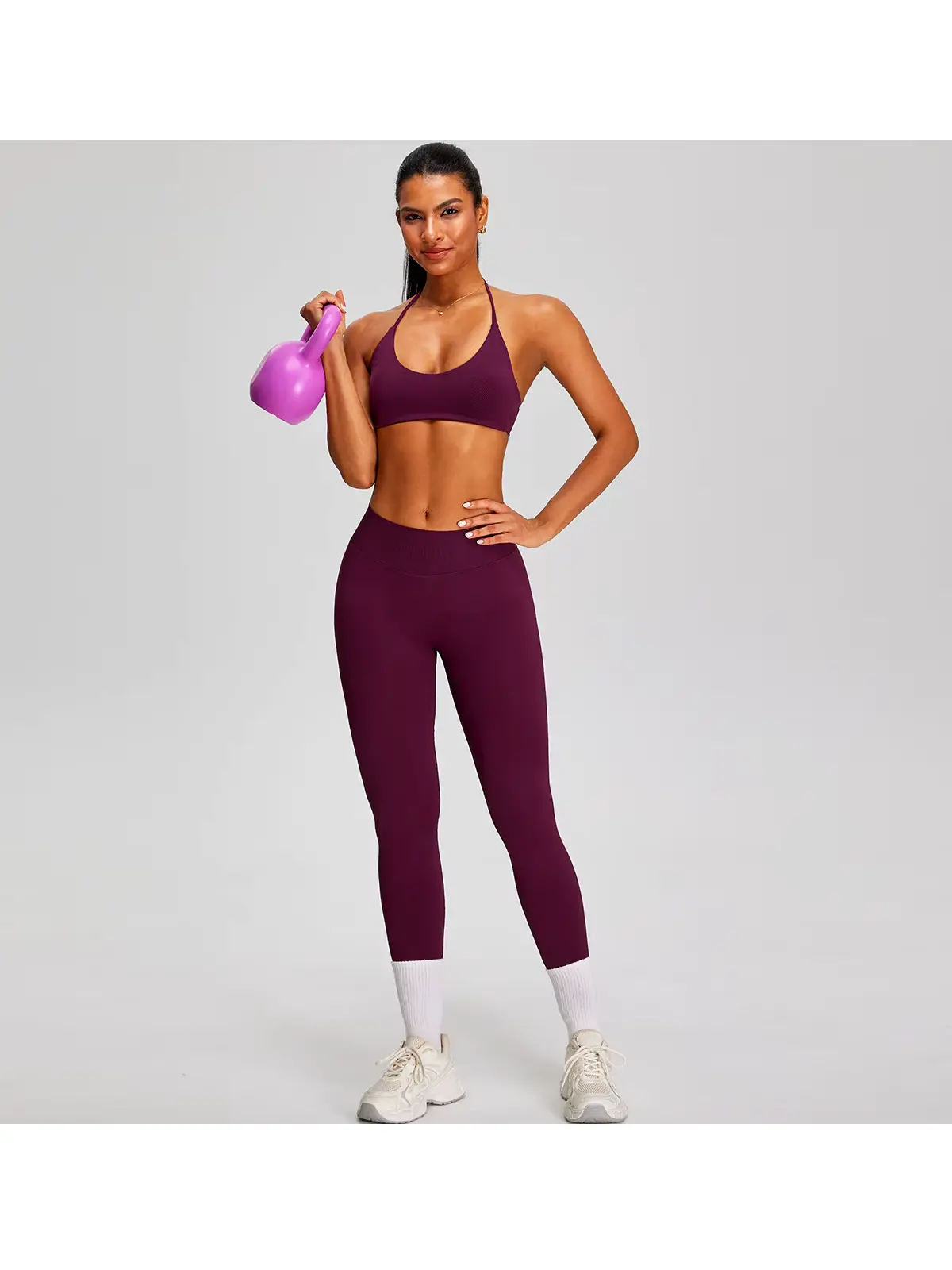 Wicker Cadence Halter Sports Bra and Full-Length Leggings Set — deep burgundy purple — general — authoritative variation match
