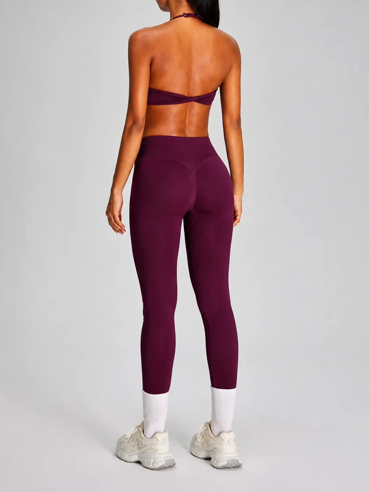 Wicker Cadence Halter Sports Bra and Full-Length Leggings Set — deep burgundy purple — general — authoritative variation match