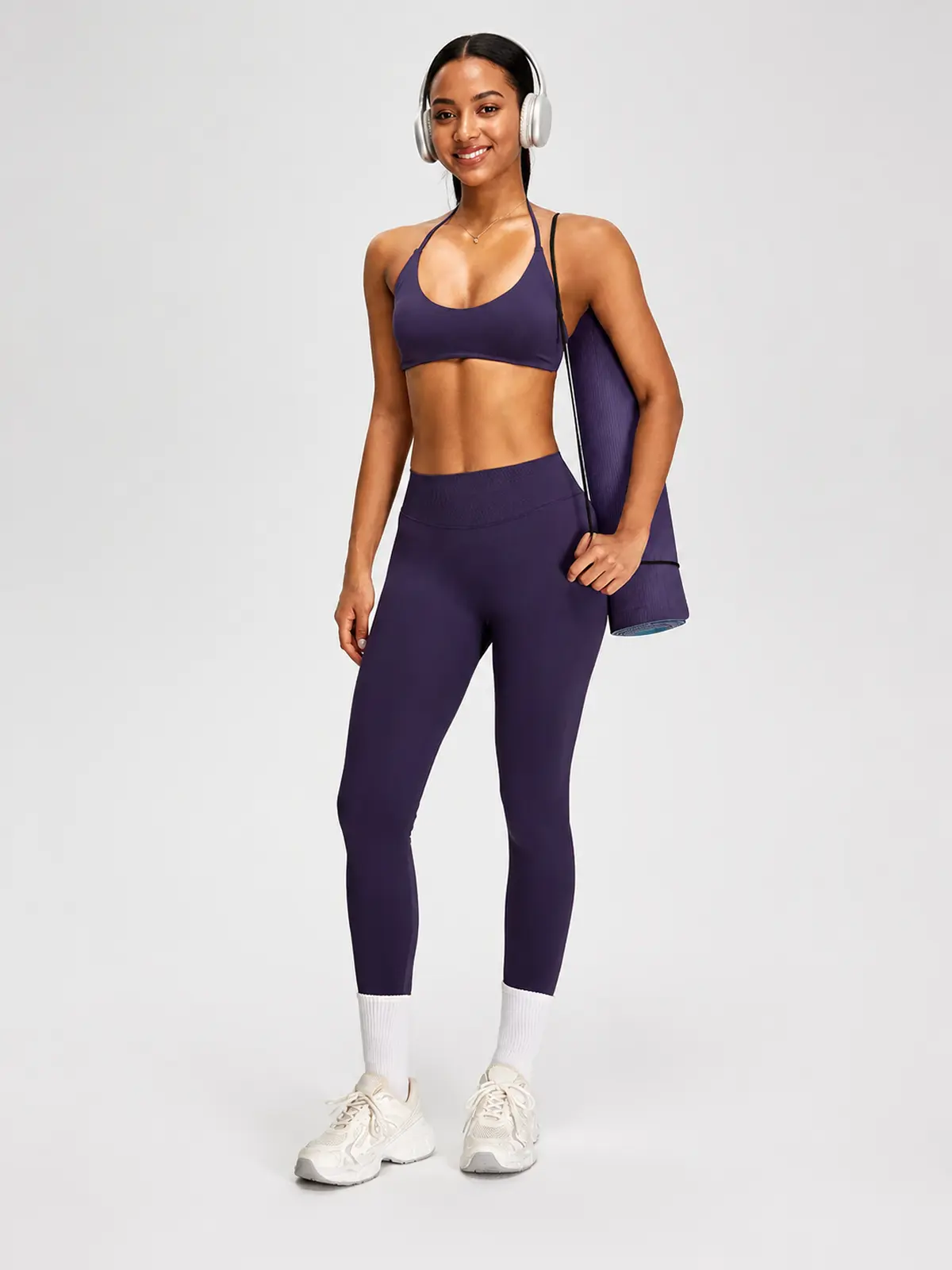 Wicker Cadence Halter Sports Bra and Full-Length Leggings Set — grape purple — general — authoritative variation image