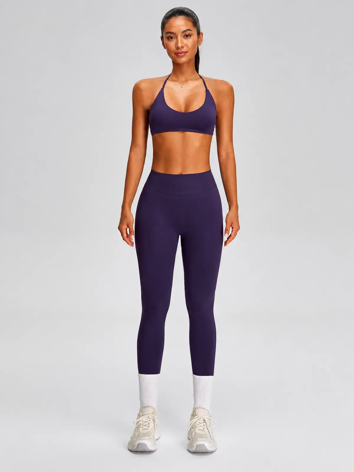 Wicker Cadence Halter Sports Bra and Full-Length Leggings Set — grape purple — general — authoritative variation match