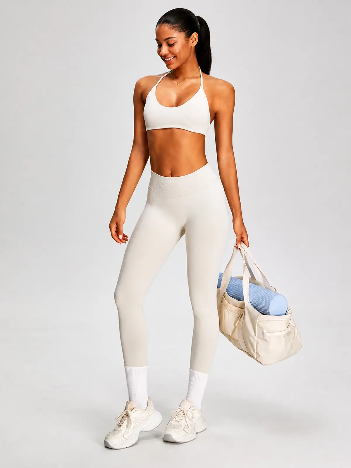 Wicker Cadence Halter Sports Bra and Full-Length Leggings Set — milky white — general — authoritative variation image