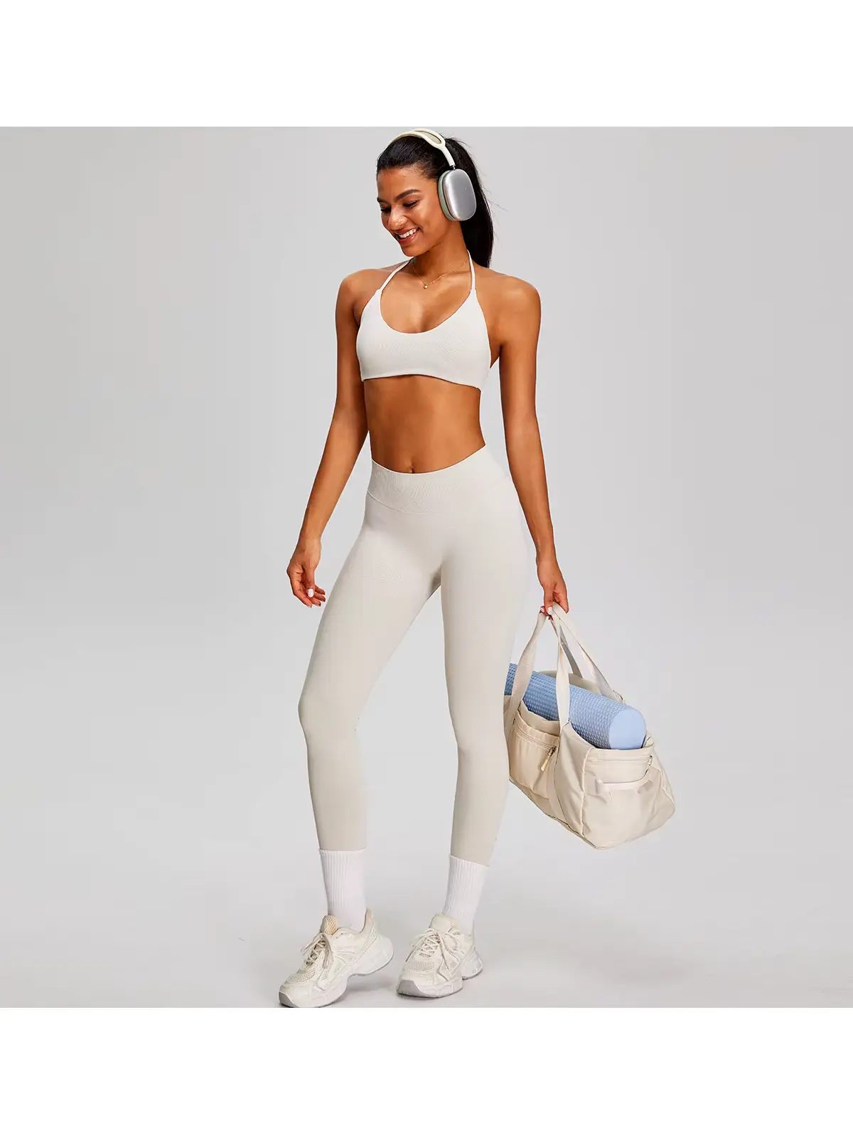 Wicker Cadence Halter Sports Bra and Full-Length Leggings Set — milky white — general — authoritative variation match