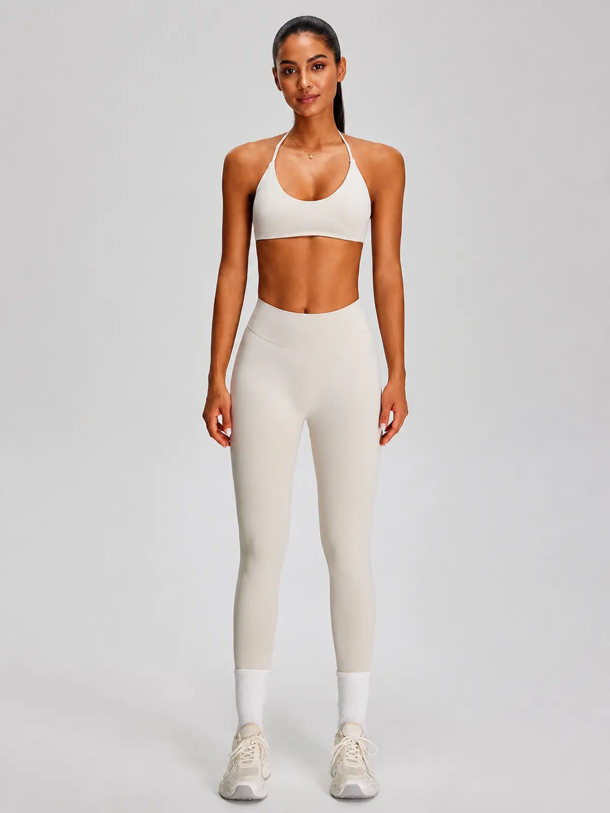 Wicker Cadence Halter Sports Bra and Full-Length Leggings Set — milky white — general — authoritative variation match