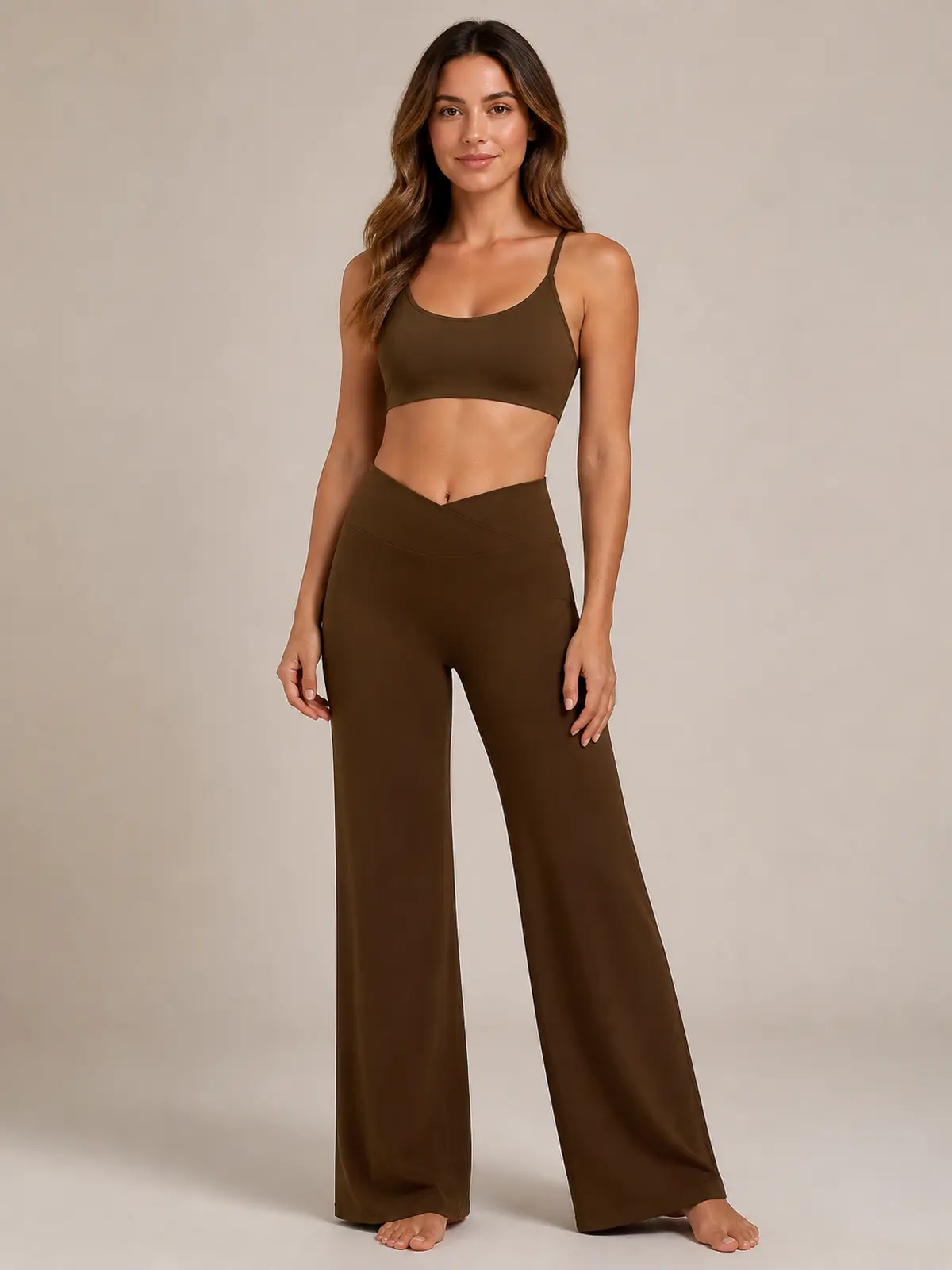 Willow Passage High-Rise Crossover Flare Leggings — caramel brown — pants — authoritative variation match