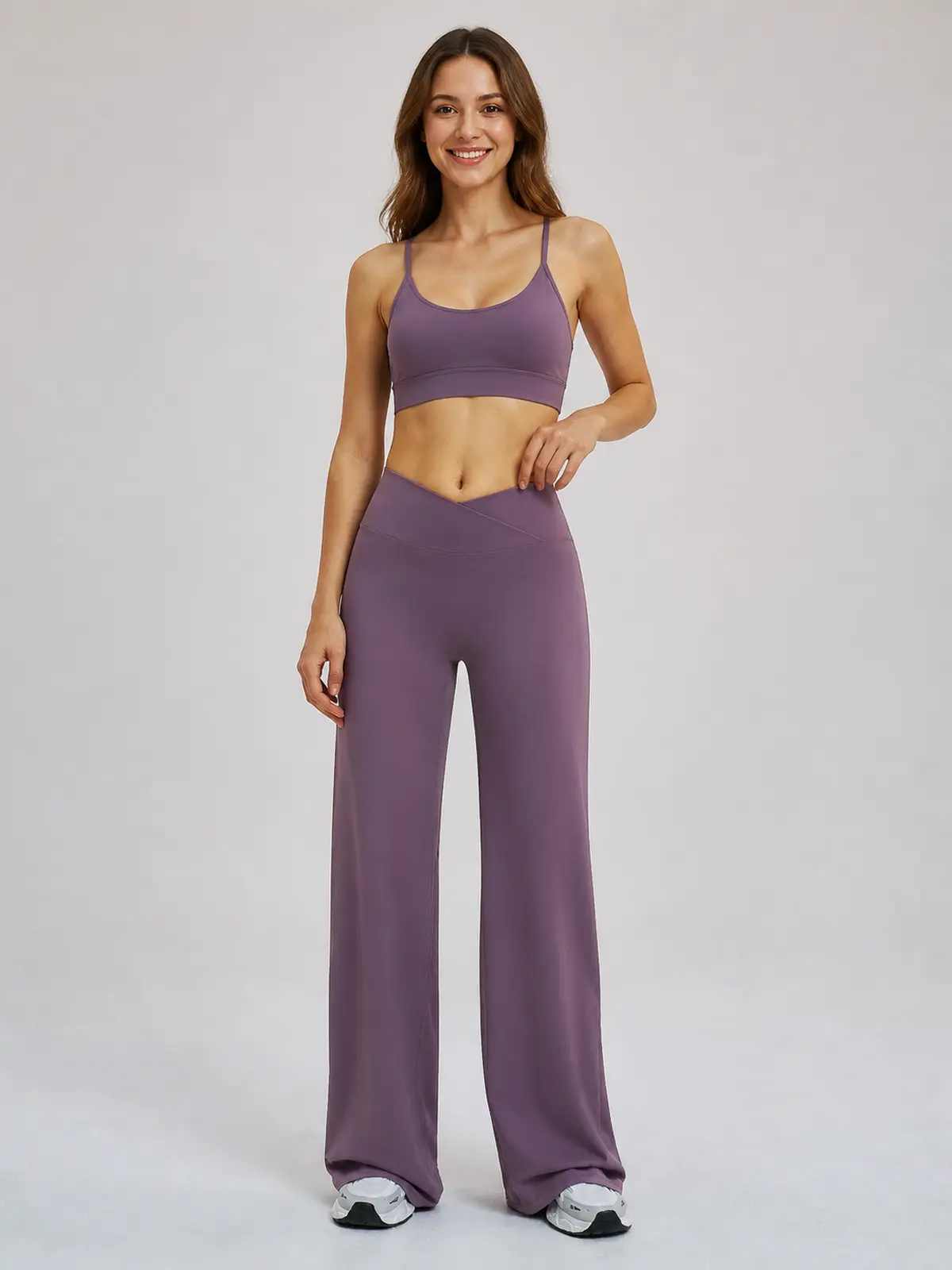 Willow Passage High-Rise Crossover Flare Leggings — muted purple — pants — authoritative variation match
