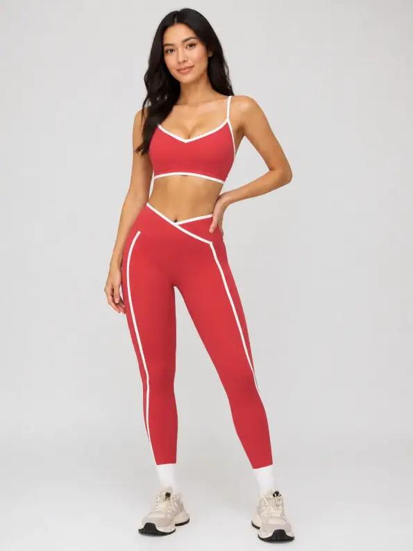 Willow Trace V-Neck Sports Bra and Full-Length Leggings Set — raspberry red with white contrast trim — general — authoritative variation match