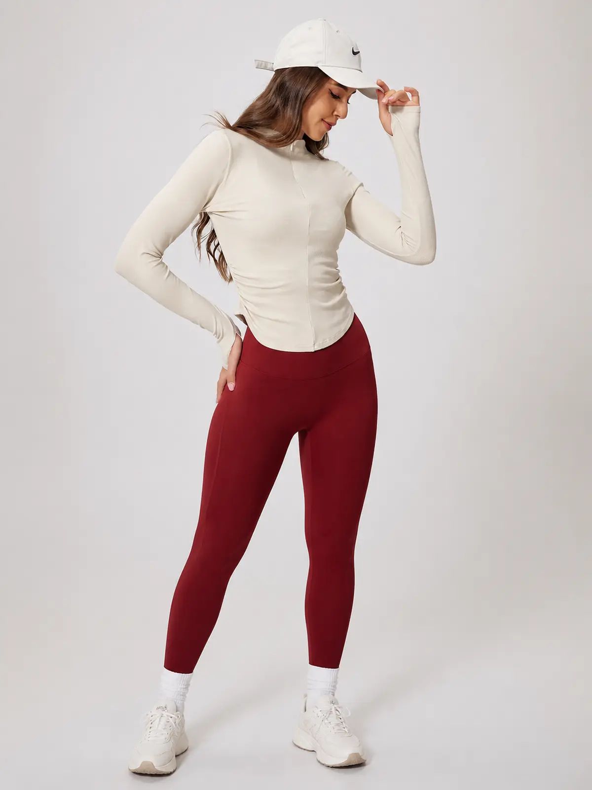 Zipline Ruch Ruched Ribbed Zip-Front Long-Sleeve Yoga Top — beige — long-sleeve-top — assigned human anchor cluster