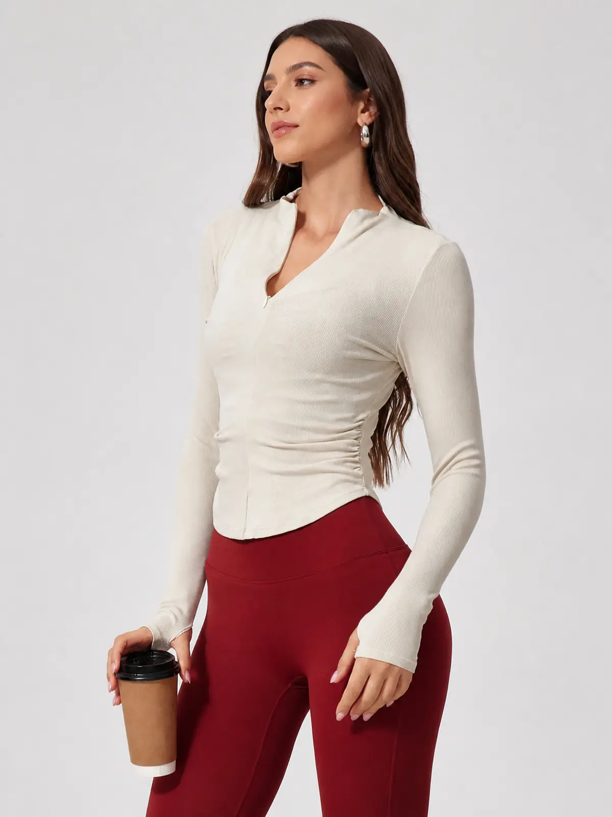 Zipline Ruch Ruched Ribbed Zip-Front Long-Sleeve Yoga Top — beige — long-sleeve-top — authoritative variation image