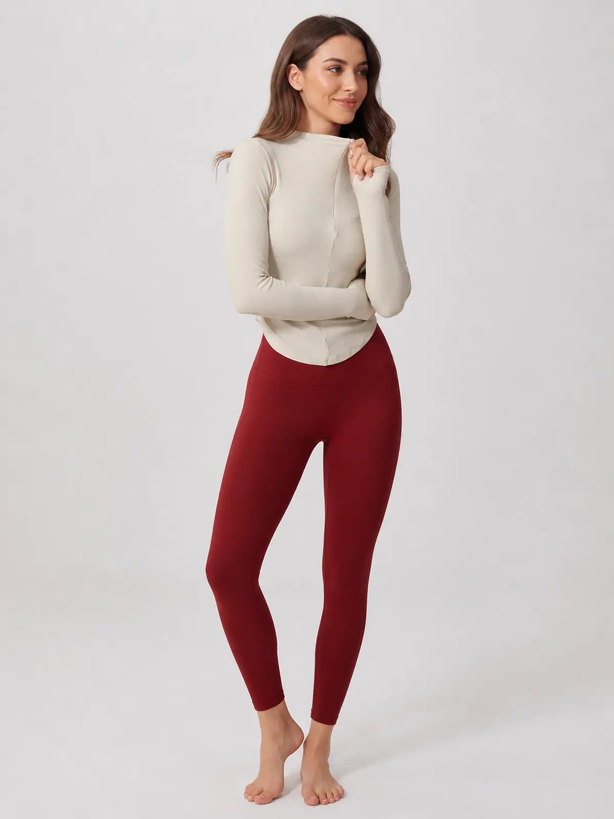 Zipline Ruch Ruched Ribbed Zip-Front Long-Sleeve Yoga Top — beige — long-sleeve-top — authoritative variation match