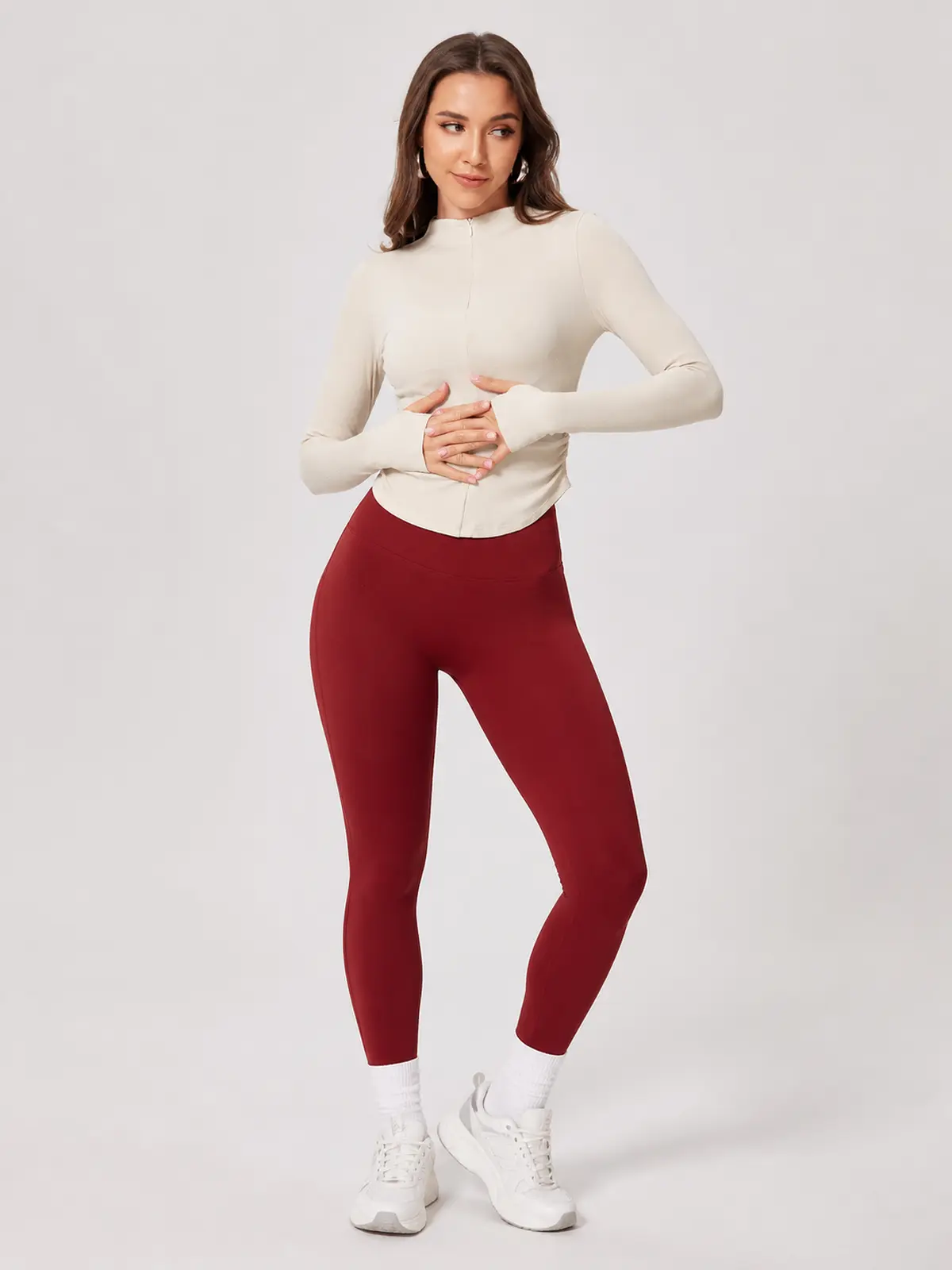 Zipline Ruch Ruched Ribbed Zip-Front Long-Sleeve Yoga Top — beige — long-sleeve-top — authoritative variation match