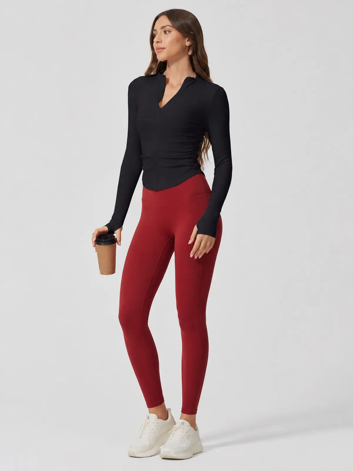 Zipline Ruch Ruched Ribbed Zip-Front Long-Sleeve Yoga Top — black — long-sleeve-top — authoritative variation image