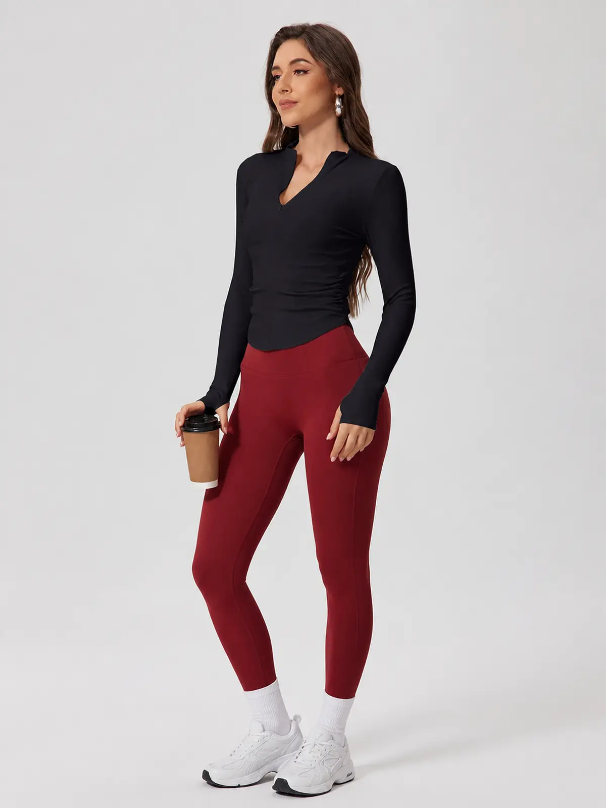 Zipline Ruch Ruched Ribbed Zip-Front Long-Sleeve Yoga Top — black — long-sleeve-top — authoritative variation match