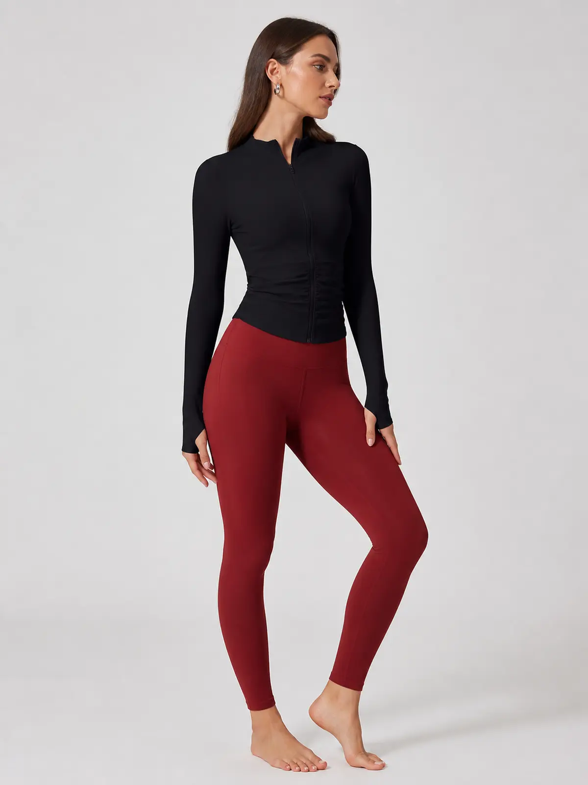 Zipline Ruch Ruched Ribbed Zip-Front Long-Sleeve Yoga Top — black — long-sleeve-top — authoritative variation match